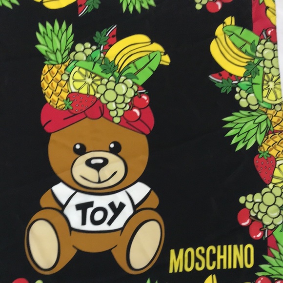 Moschino Toy Bear Fruit Scarf 100% Silk Made in Italy 26”x25” NWT - Picture 2 of 9
